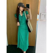 Lsnow Yingzi 오니 디자인 감각 틈새 중간 길이 꽃 드레스 여성 슬리밍 레트로 라인 우아한 긴 드레스 여름