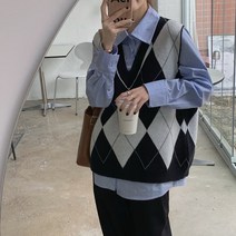 아이엠몽 여성 아가일 패턴 브이넥 니트 베스트 조끼 레이어드 다이어