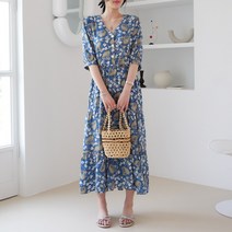 데일리앤 프라하 퍼프 소매 페이즐리 브이넥 롱원피스