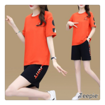 티피/Teepie 여름 스포츠 정장 여성 느슨한 그물 레드 패션 러닝 슈트 반팔 티셔츠 반바지 캐주얼 투피스 트렌디