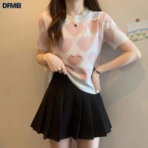 DFMEI 반팔 하트 자가드 스파이크 비즈 아이스 니트 여 상의