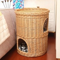 라탄 강아지 고양이 2층침대 사계절 쉼터 나무 사다리 애견 숨숨집 반려동물 원목 하우스, 2층 플러스 사이즈, 2중 원색 네스트 + 쿠션