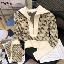 vsyoy 캐주얼 운동복 남녀 봄 패션 느슨한 슬림 긴소매 스웨터 와이드 레그 팬츠 투피스 세트