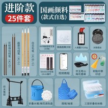 석채 물감 회화 안료 세트 초보자 항목 도구 회화 잉크 브러시 그림 색 색 안료 학생, 어드밴스드 25점 세트공구함+한화원고 포함, 중국화 안료 12색 12ml