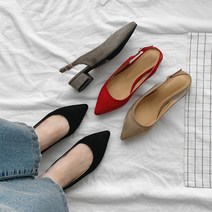 슈니슈 그레인 스웨이드 뾰족코 버클스트랩 청키로우 슬링백힐 3cm 4colors