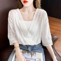 넥타이핀 바쿠센 버블 소매 브이넥 레이스 여성 여름 무드 풀오버 후드 2715657478