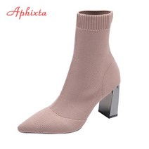 부츠 aphixta gray fabrics sock boots women shoes elastic boots stretch knit bling 8cm 금속 스퀘어 힐 신발 41