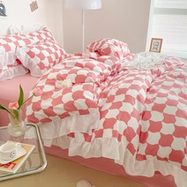 판타지 요정 스타일 핑크 체스보드 체크 인 소녀 하트 4 피스 퀼트 커버 간단한 한국식 침대 3 피스 세트