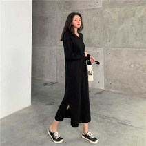 라엔 후드 니트 롱 원피스 트임 브이넥 긴팔 가을