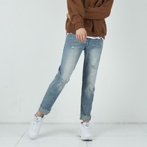 남자 스판 밑단컷팅진 데미지 찢청 슬림일자핏 연청바지 워싱 데님팬츠