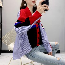 Ogfaour 여성 배색 반반 가디건 여성스러운 가디건 스트라이프 셔츠가디건QB 11019