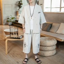 남자 면마 복고 와이드 팬츠 절복 반팔 두루마기 개량 퓨전 생활 한복 세트 투피스