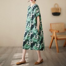 티티웍스 여성용 라운드넥 플라워 h라인 반팔 린넨 원피스