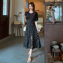 TTiiHot 여성 봄 여름 빅사이즈 루즈핏 쉬폰 레이어드 라운드넥 반소매 원피스 블랙 4XL까지