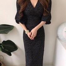 빈티지 원피스 밴디지 여성용 가운 블랙 V넥 원피스 우아한 여름 통근복 한국 의류