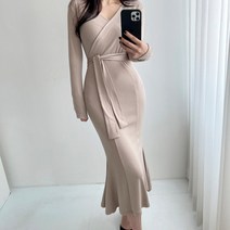 랩스타일 머메이드 브이넥 슬림핏 리본 롱 원피스 4컬러