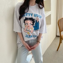 빨강몽키 프린팅 여름 반팔 롱 박시 여성 티셔츠