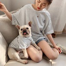 애견 커플룩 스트라이프 반팔 티셔츠 개플룩 견주 댕플룩 산책룩 반려견 여름 티셔츠, 화이트