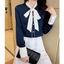 banhany 실크 새틴 네이비 배색 리본 타이 셔츠 블라우스 빅사이즈