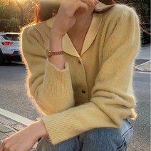 (빠른배송)새틴 카라 앙고라 퍼프 가디건 아이보리 베이지 옐로우 핑크 민트 소라 그린 네이비