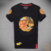 남자 반팔 용 자수 티셔츠 빅사이즈 곤룡포 문양 건달 오리엔탈 트렌드 티