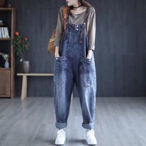 데님 멜빵바지 여성 봄가을 2023 빅사이즈 배기 캐주얼 청바지 Whr0511