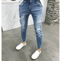 용된다 남자 디스트로이드 찢어진 연청 데님 청바지