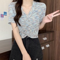[랜덤플레이] 브이넥 배 꼬임 포인트 오로라 반팔 니트티