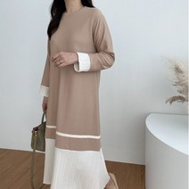 위시엘 살랑살랑 배색 플리츠 주름 밑단 A라인 플레어 롱 원피스