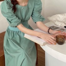 [모노위크] [당일배송특가] 줄리트 퍼프 허리밴딩 플레어 반팔 롱 원피스