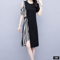 가바바 여성 빅사이즈 원피스 한쪽 어깨트임 스트라이프 배색 롱원피스 G50384