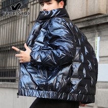남성유광패딩 짧은 얇은 다운 재킷 남성 겨울 2023 새로운 빛나는 따뜻한 스탠드 칼라 의류