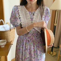 잇츠스타일 여성 펀칭 레이스 퍼플 보라색 복고스타일 꽃무늬 나들이룩 미디원피스