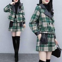 투피스 세트 / 가죽 카라 숏 체크 코트 자켓 + 반바지 BC110086WD