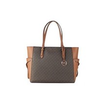 마이클 코어스 길리 라지 브라운 시그니처 PVC 여행용 드로스트링 토트백 핸드태스크 가방 레더