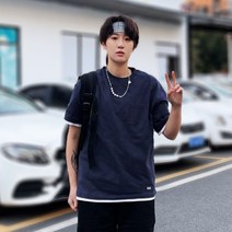 커플반팔티 중성풍 작은 키 건달카리스마 페이크투피스 순면 코튼 이너티셔츠 라운드넥 스트레이트핏 일자 2064801577