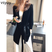 vsyoy 2023 봄 새로운 골드 벨벳 긴 소매 느슨한 기질 트렌드 레이스 업 외국 스타일 카디건 긴 정장 재킷 여성