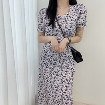 VANANA2 여름 반팔원피스 브이넥 퍼프소매 플라워 원피스 쉬폰 롱원피스 데일리 스타일 여성복