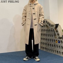 JUST FEEL!NG 겨울 모직코트 남성 패션 무릎밑에 루즈핏 후드 도톰 떡볶이 단추 아웃포켓 롱코트 울코트 캐시미어코트