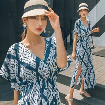 헤링본 에스닉 브이넥 트임 빅사이즈 롱 비치원피스 HC416