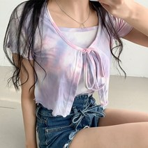 입꼬 SET 마블링 드로잉 크롭 끈 리본가디건 물나염 크롭 끈나시 세트(초상권및상표권특허)