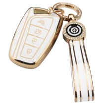 키에티 현대 4버튼 그랜져HG 싼타페DM 키케이스 키체인세트, 화이트 골드엣지