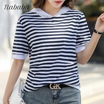 나바바 NT605 여성 캐주얼 스트라이프 후드 반팔 티셔츠