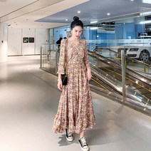 쉬폰 허리 스트링 롱원피스 플라워 원피스 봄옷 날씬해 보이는 여성스러운 브이넥 긴팔