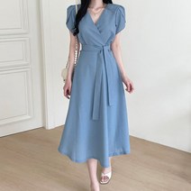 라라벨 여성용 원피스 트레드 브이넥 핀턱 주름 랩 스트랩 리본 로맨틱 반팔 원피스