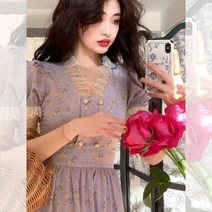 플라워 레이스 원피스 버클 슬림해 보이고 허리 여밈 여름 꽃바다 레이스 칼라