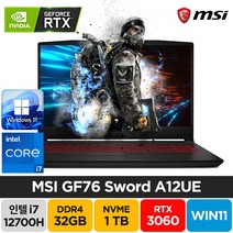 MSI Sword GF76 A12UE 12세대 i7-12700H RTX3060 17인치 윈도우11 배그 주식 고성능 노트북, 블랙, 코어i7, 1TB, 32GB, WIN11 Home