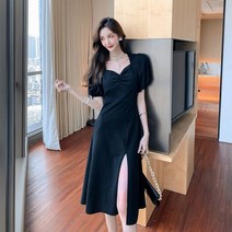 해외여행 플레어 러블리 플로럴 휴가 롱 꽃무늬 원피스 퍼프 슬리브 드레스 여름 M3L 사이드 슬릿 기질 디자인 레트로 하이 웨스트
