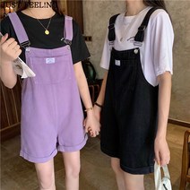 JUST FEEL!NG 여학생 캐주얼 와이드핏 롤업 멜빵 반바지 데님바지 청반바지 점프수트
