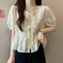 베이비돌블라우스 리본 루즈핏 퍼프소매 벌룬 아이보리 화이트 블랙 귀여운 데이트룩 반팔